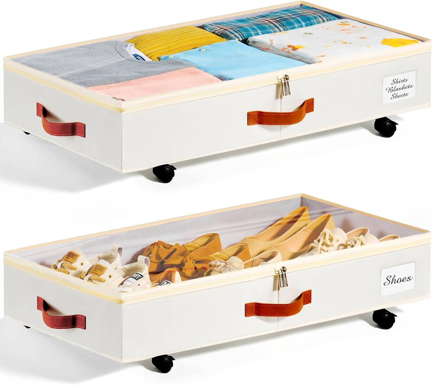 Under Bed Storage Containers with Wheels, 2 Pack Rolling Drawers, White | 2 pack under bed storage with wheels, clear zip lid, 37 L capacity, metal frame, lockable casters, for clothes and shoes