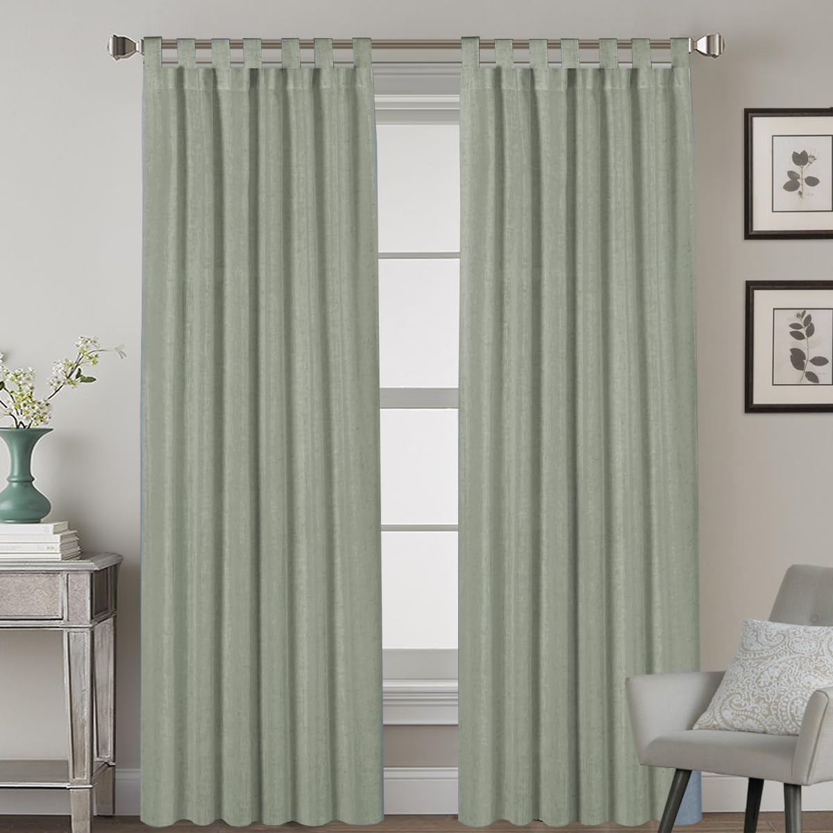 Linen Curtains Natural Linen Semi Sheer Blended Curtains Tab Top Window Treatments Panels Drapes for Living Room, Elegant Light Filtering Curtains (Set of 2, W132cm x D243cm，Sea Grass)