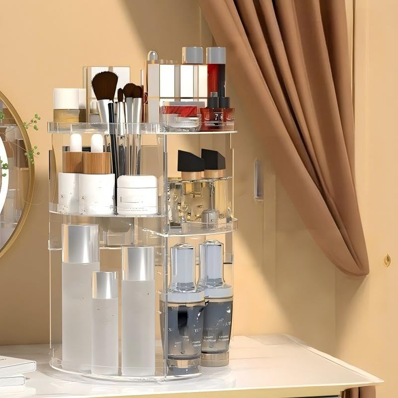 Rotating Makeup Organizer, Plastic Cosmetic Organizer with Dividers, Multifunctional Storage Rack for Lipsticks Skincare Bottles Bathroom Vanity Organization