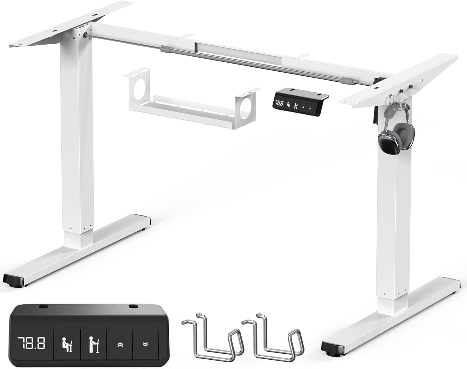 Electric Standing Desk Frame, Height Adjustable Sit Stand up Desk Legs for 100 to 180cm Desktop, Computer Desk Leg with Cable Tray, Anti-Collision Function, 2 Hooks, White Frame Only