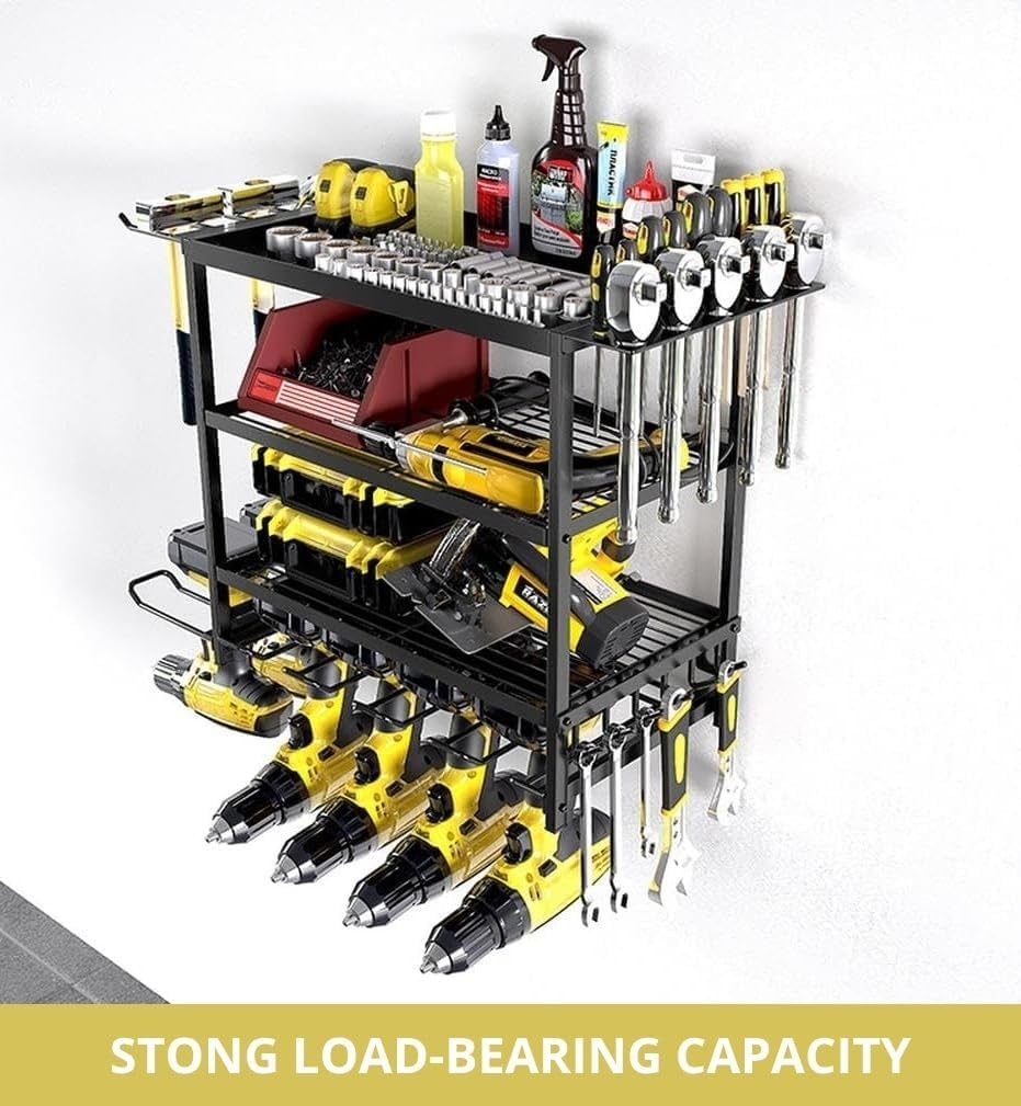 Power Tool Organizer Wall Mount – 4-Tier Heavy Duty Metal Garage Tool Rack with Drill Holder & Wrench Hooks – Wall Tool Storage Rack for Cordless Tools & Workshop Organization