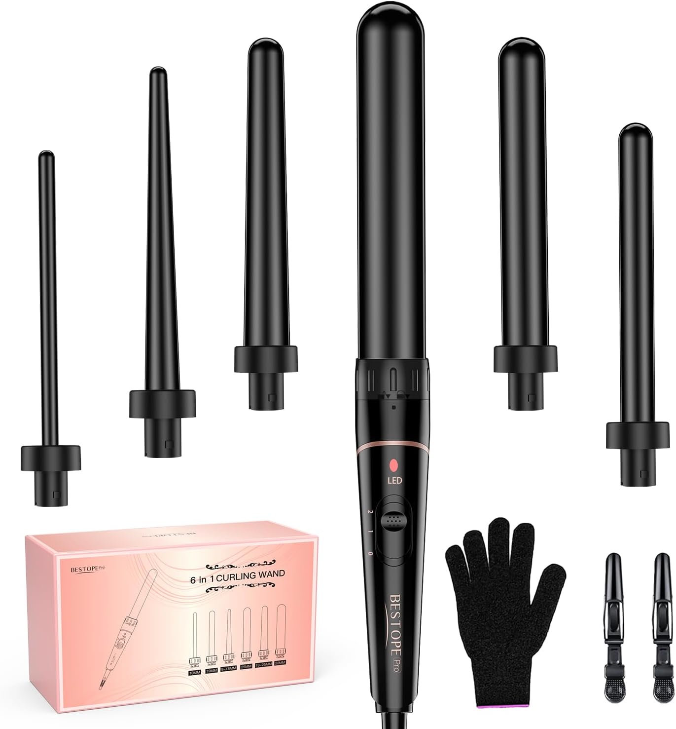BESTOPE PRO Hair Curler, 6 in 1 Curling Wand Set with Interchangeable Ceramic Barrels(9-32mm), Dual Voltage Curling Iron for Long & Medium Hair (Black)