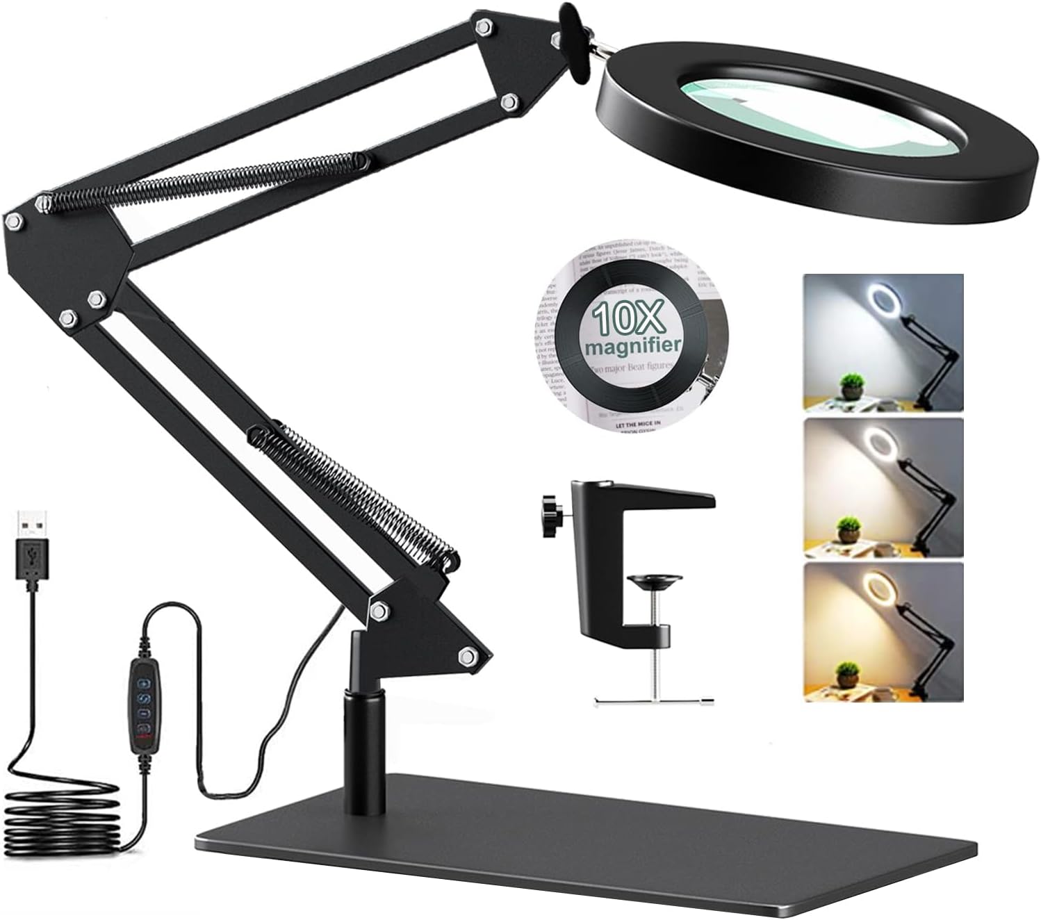 20x 10x Magnifying Glass with Light, Magnifying Desk Lamp with Base & Clamp, Adjustable Brightness, 3 Color Modes Magnifying Lamp LED Desk with Stand, Magnifier for Repair, Crafts, Soldering