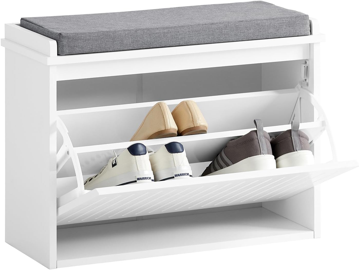 SoBuy 62cm Shoe Bench with Flip Drawer, 26cm Slim, Fits Small Spaces, White | Padded 62cm Seat (Fits AU11 Shoes) | Adjustable 4-Pair Storage | 150kg Load Capacity | Sleek Fluted Door with Hidden Handle