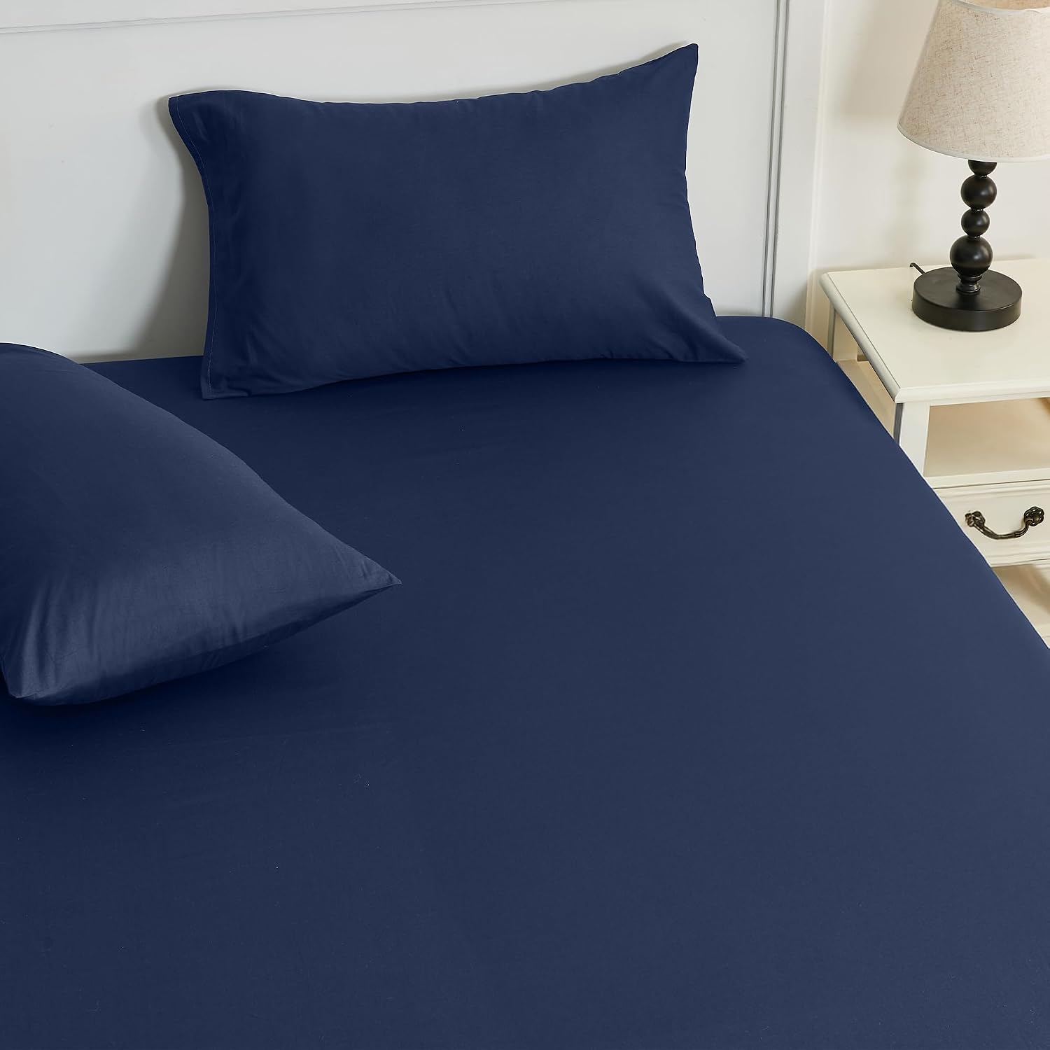 LINENOVA Premium 100% Cotton Fitted Sheet Set - 3 Piece for King Single Bed Set, 1 Fitted Sheet & 2 Pillowcases, Luxury Softness, Elasticized 40cm Deep Pocket - Navy