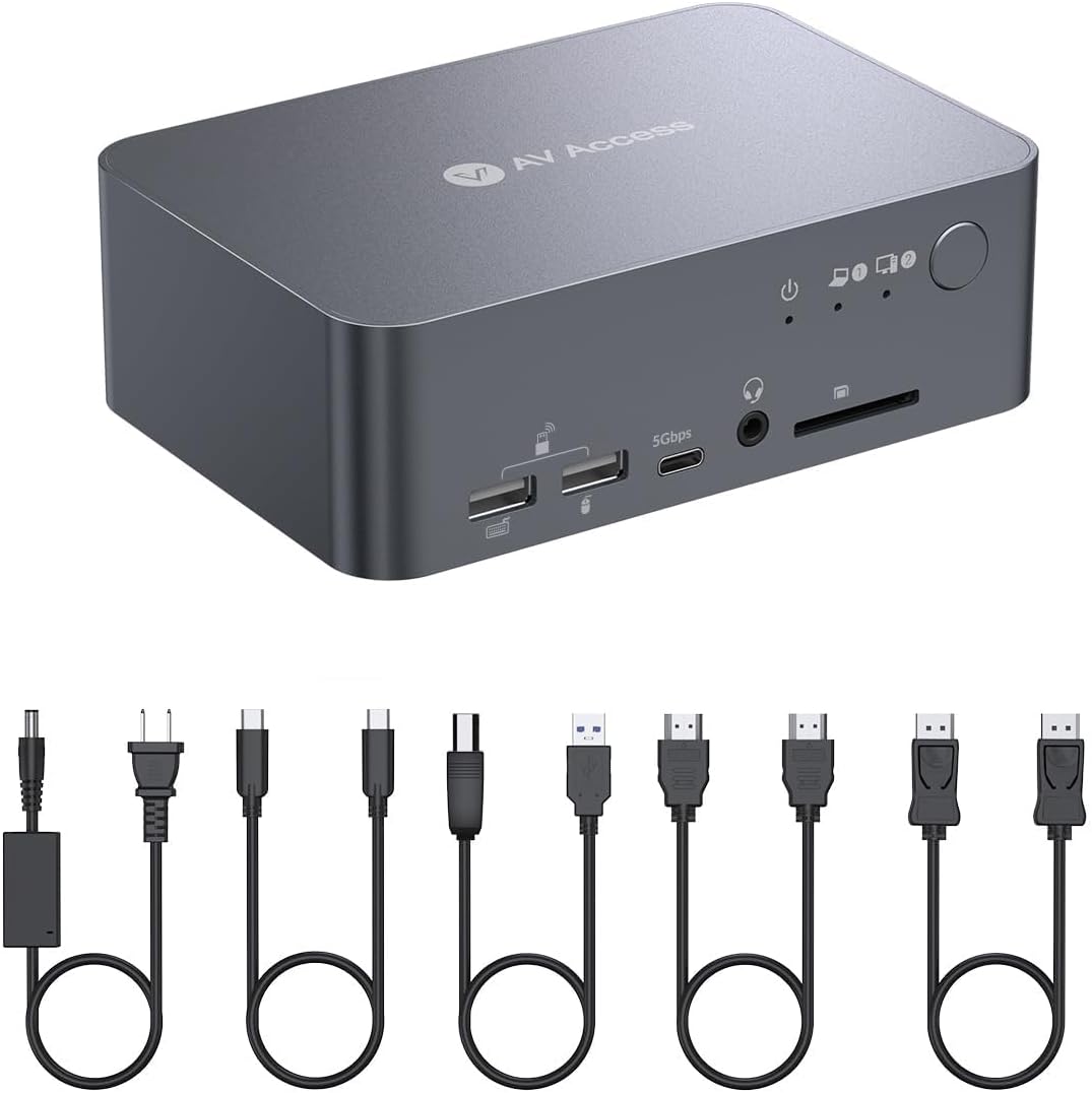 AV Access Dual Monitor KVM Docking Station for Laptop & Desktop(iDock C10) | GbE, EDID, 5xUSB-A, HDMI 4K@60Hz USB C KVM Switch 2 Monitors 2 Computers, 60W Laptop Charge, for Home Office Workstations