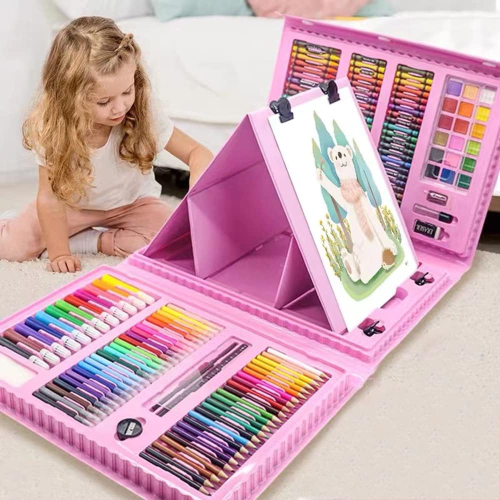 208 PCS Art Supplies, ZDY Drawing Art Kit for Kids Adults Art Set with Double Sided Trifold Easel, Oil Pastels, Crayons, Colored Pencils, Watercolor Pens Girls Boys Artist,Red