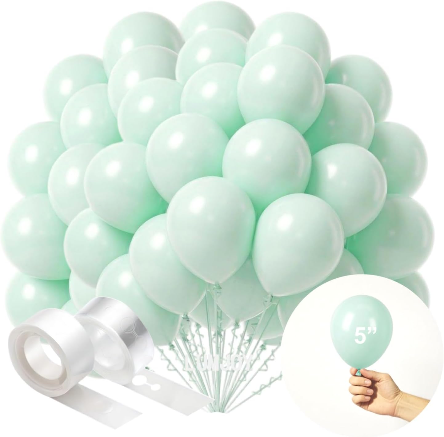 Pastel Green Balloons 100 Pack 5 Inch Macaron Light Green Latex Party Balloon with Strip and Stickers for Baby Shower Safari Jungle Woodland Birthday Decorations