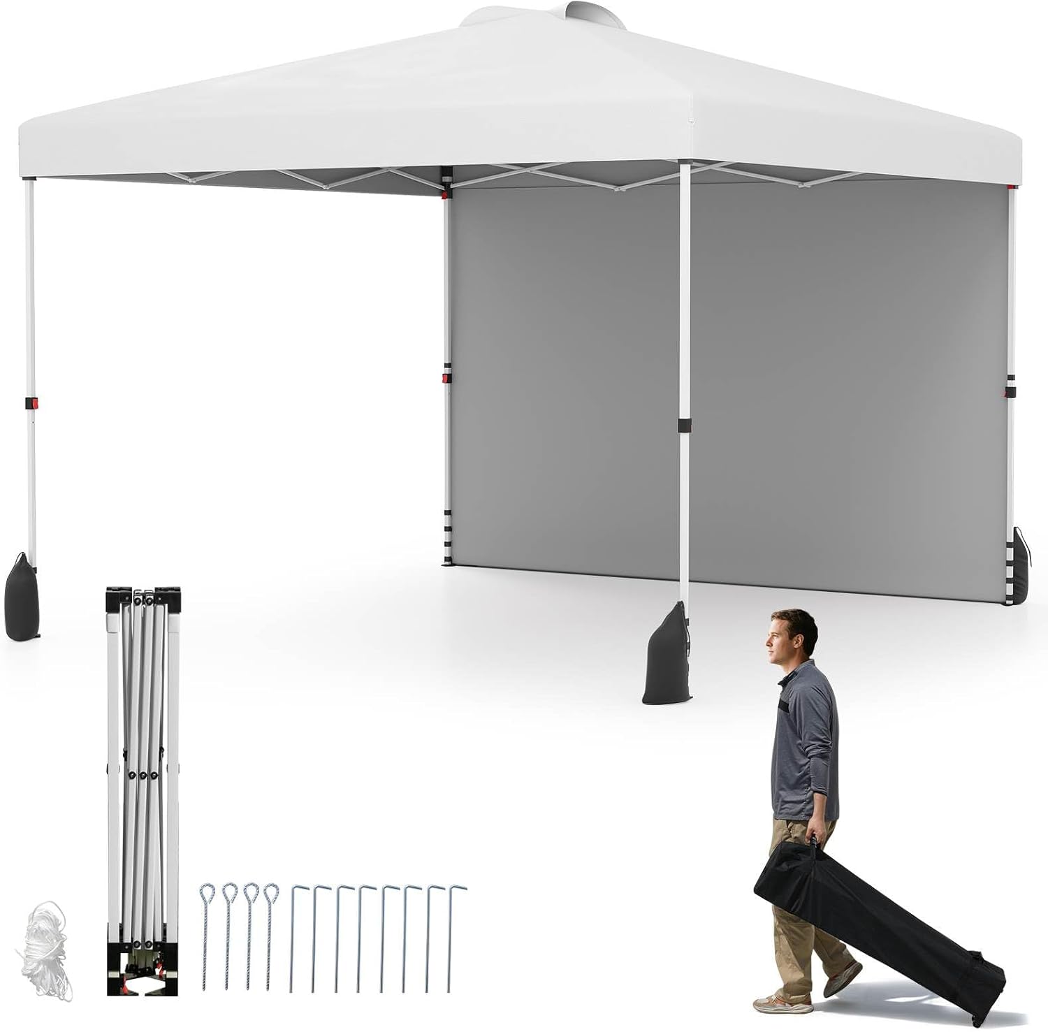 Costway 3 x 3 m Pop up Canopy Tent w/ 1 Sidewall, Wheeled Bag, 8 Stakes, 4 Anchors, 4 Wind Ropes, 4 Sandbags, Vented Top, Portable Foldable Outdoor Patio Shelter (White)