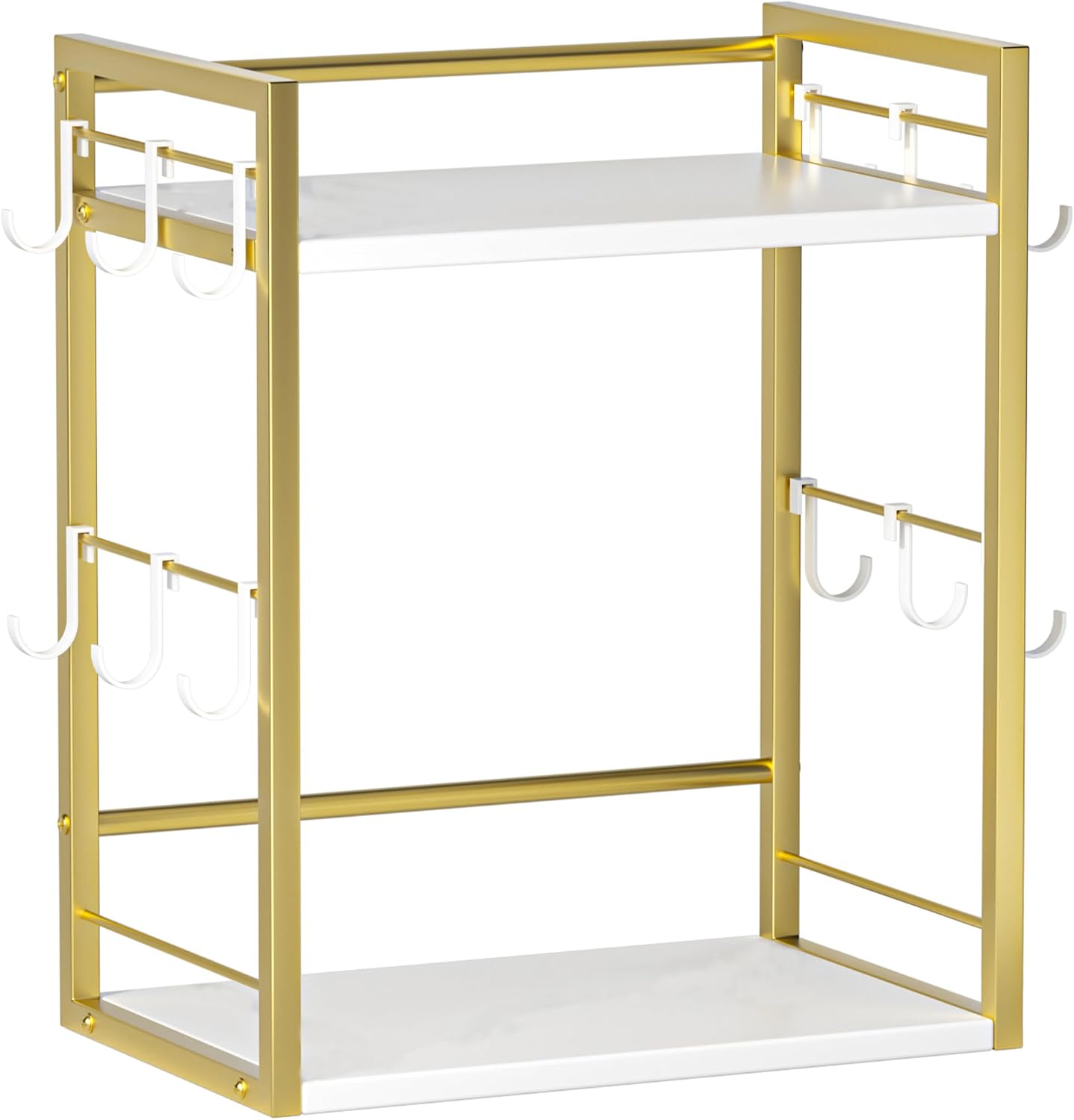 Dorhors Coffee Bar Organizer,Mug Holder,Station Organizer Kitchen Counter | 2 Tier Gold + White Wood Coffee Bar Accessiries with 12 Hooks,Countertop Shelf for Mug,Syrup and Accessories