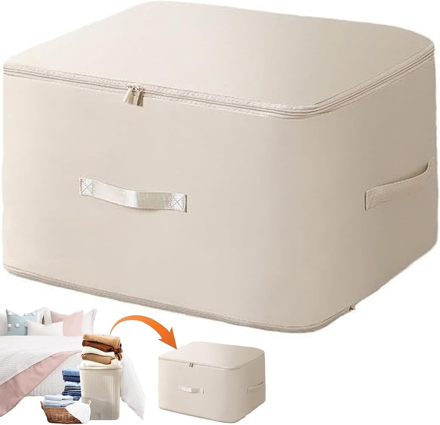 King-Size Self Compression Organizer, Heavy Duty Storage Bag, Ultra Space Saving Storage Tote for Comforters, 54*42*30CM Self Compression Moving Organizer Bags for Comforters Clothes Blankets (Beige)
