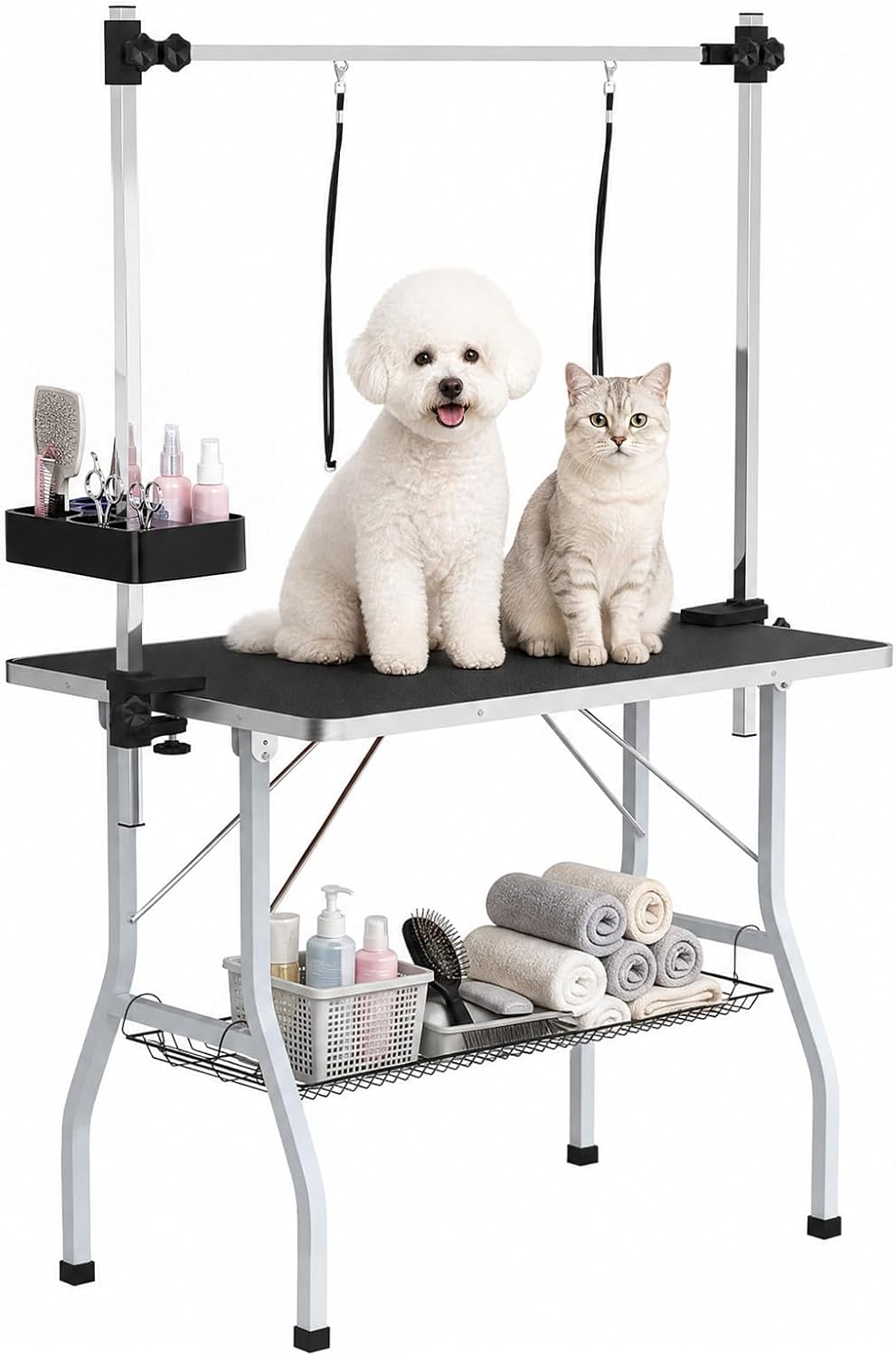 Dog Grooming Table, Foldable Pet Grooming Station with 2 Loops, Height Adjustable Arms, Professional Salon Table with Mesh Tray & Tool Rack