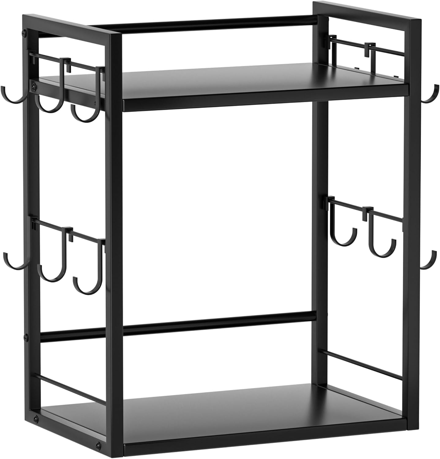 Dorhors Coffee Bar Organizer,Mug Holder,Station Organizer Kitchen Counter | 2 Tier Black Wood Coffee Bar Accessiries with 12 Hooks,Countertop Shelf for Mug,Syrup and Accessories