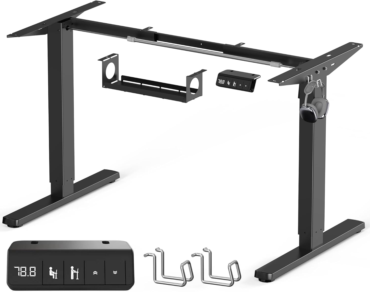 Electric Standing Desk Frame, Height Adjustable Sit Stand up Desk Legs for 100 to 180cm Desktop, Computer Desk Leg with Cable Tray, Anti-Collision Function, 2 Hooks, Black Frame Only