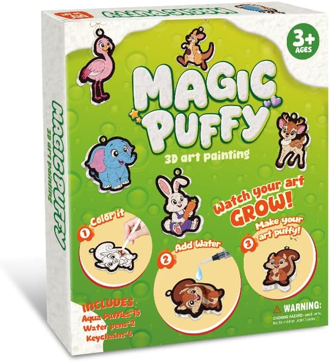 Skirfy 3D Art Kit Aqua Magic Puffs Animals, 15 Mess-Free Paint by Number Craft for Kids, DIY Coloring Kits,Christmas&Travel Gifts & Stocking Stuffer for Girls and Boys, Art Projects with Puff Markers
