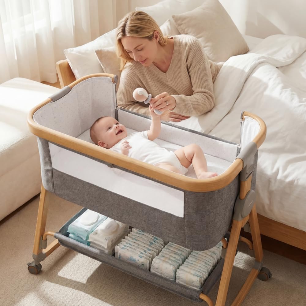 PlayPals Baby Bassinet, 3 in 1 Bassinet Bedside Sleeper w/Mattress, Grey | 6 Height Adjustable, Storage Basket, Mosquito Net & Lockable Wheels for Newborns