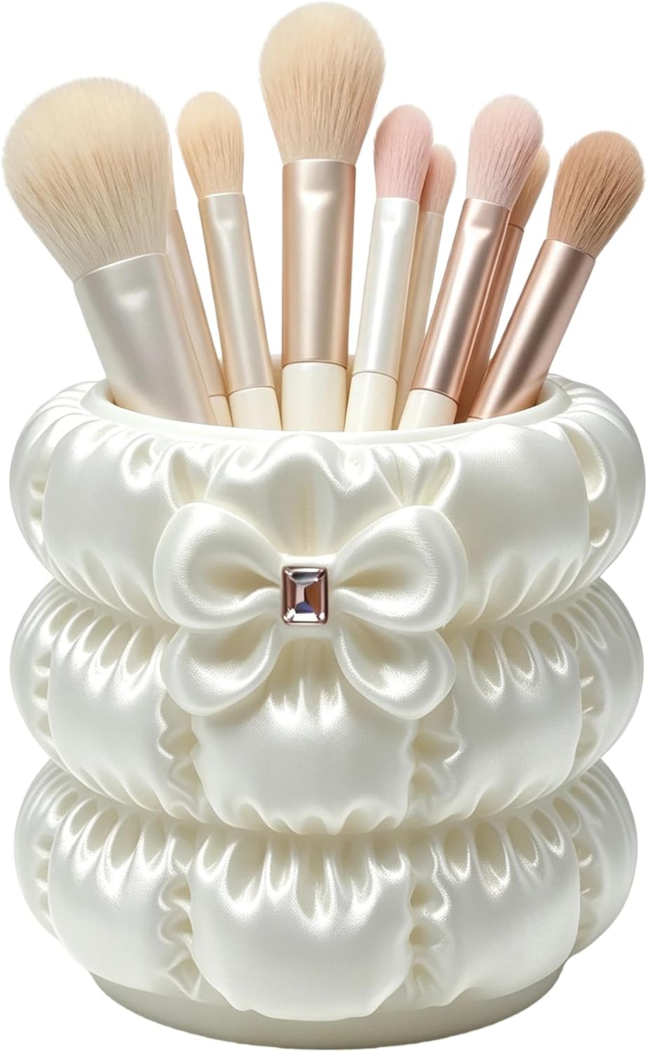 Cute Bow Makeup Brush Holder Coquette Pearl White Vanity Pen Cup Organizer | Clean Girl Aesthetic Vanity Cup,4" Space-Saving Desktop Caddy,Satin Luster Texture,Aesthetic Cosmetics Brush Holder