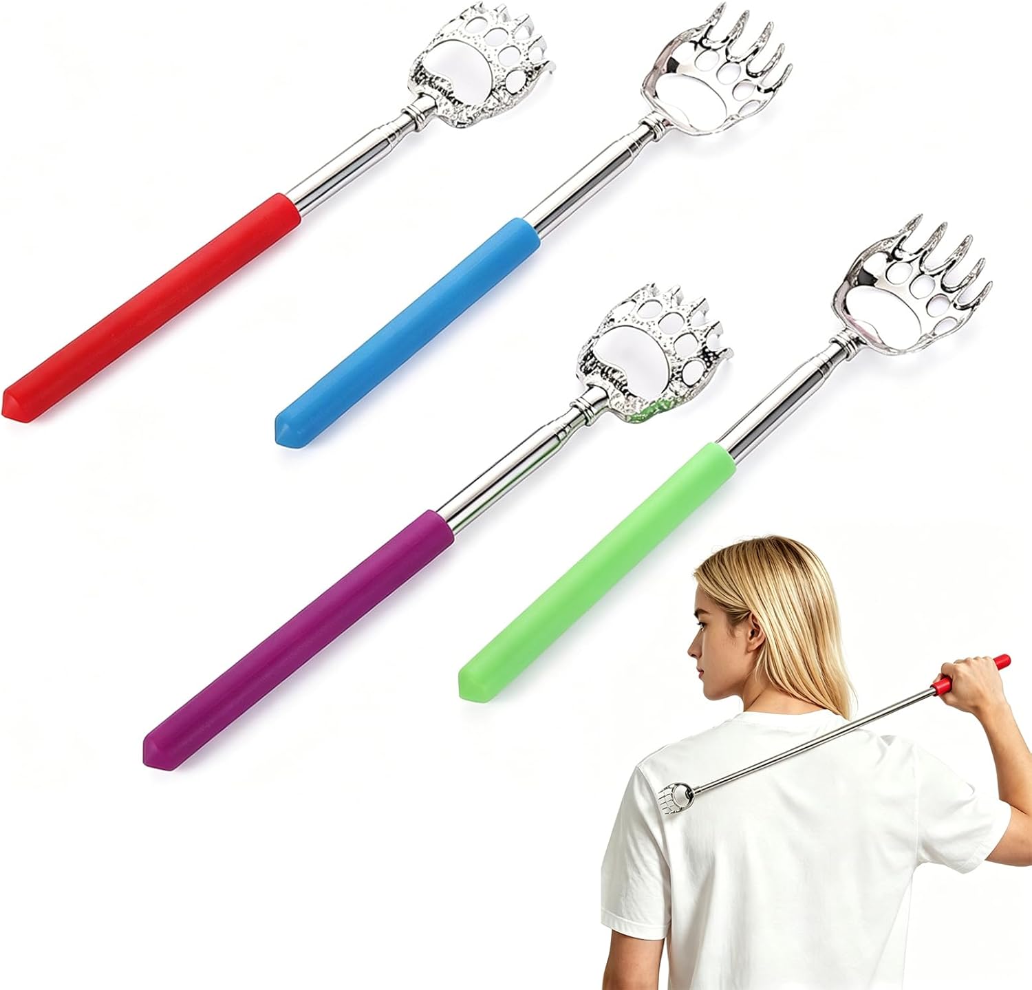 4 Pack Back Scratcher Extendable, Christmas Birthday Gifts for Mom Dad Wife Husband, Stocking Stuffers for Women Men Adults Teens, White Elephant Gifts, Prizes for Adults, Back Massager