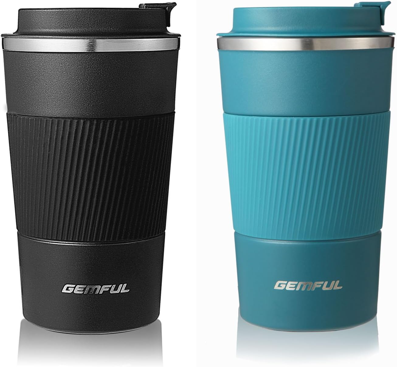 GEMFUL 510ml Travel Coffee Cup for Cold and Hot Drinks 2 Pack (Black+Blue) | Double-wall Vacuum, Heat Insulation, Leak-proof, BPA-free, Hot/Cold for Travel , Commute, Car Cup Holders, Stainless Steel