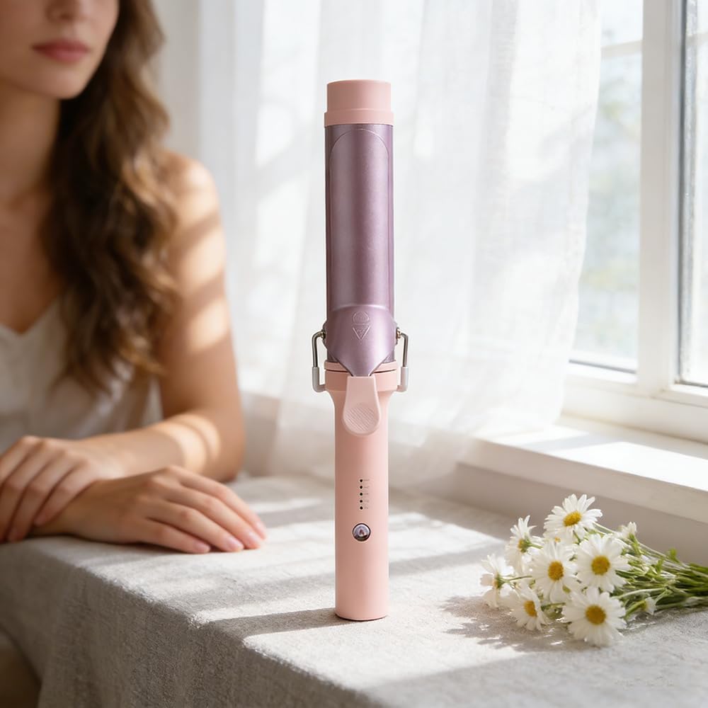Hair Curling Wand-40mm Wave Hair Curler-5 Temperature Adjustable Temperature Ceramic Crimper Hair Curling Iron for Short/Medium/Long Hair-Wave Curling Iron for 50 Mins Auto-Off, Pink-purple