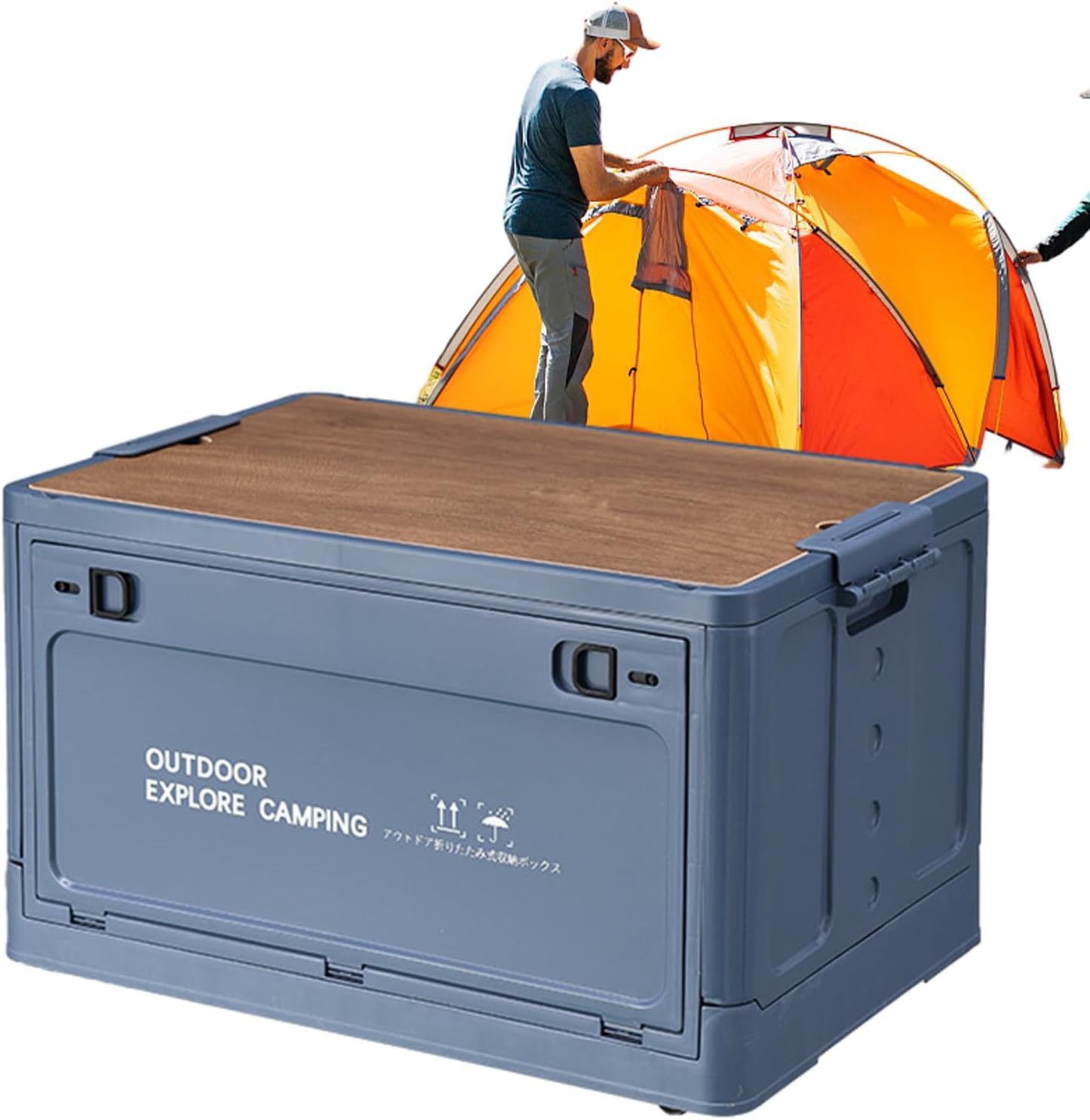 Folding Storage Box Camping Wooden Lid Included Stackable Outdoor Box | Storage Box for Garage Organization, Garden Tools, Camping Accessories, Camping, Outdoor
