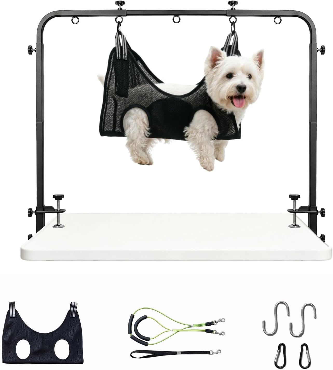 Adjustable Pet Grooming Arm for Table: 110cm Height & 70-100cm Width, Clamp Fits Up to 7cm, Includes Hammock & 2 No-Sit Nooses, Heavy-Duty Dog Grooming Station for Home Use, Nail Trimming & Drying