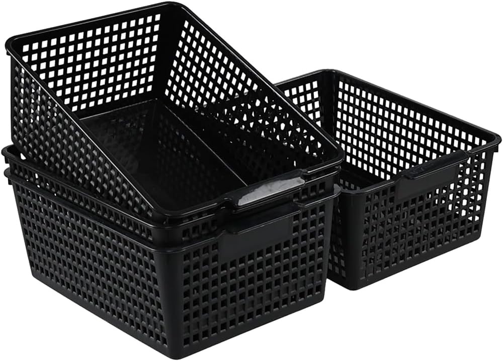 4 Pack Large Plastic Storage Baskets, Stackable Organizer Bins | 36.5 x 26 x 14.5 cm Multipurpose Pantry Storage Baskets for Kitchen Cabinets, Shelves, Bathroom and Home Organisation