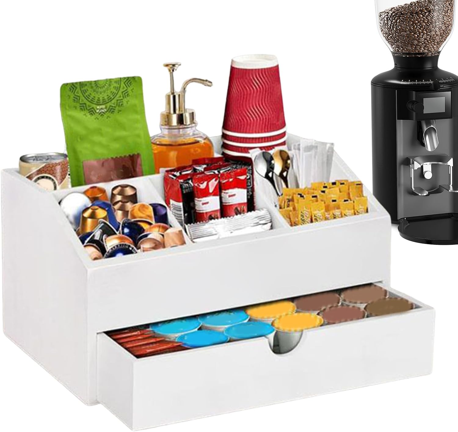 Coffee Bar Organizer Large Capacity Wooden Sugar Packets Holder | Coffee Pods Storage Organizer Box for Home Apartment Cafe Cabinet Pantry