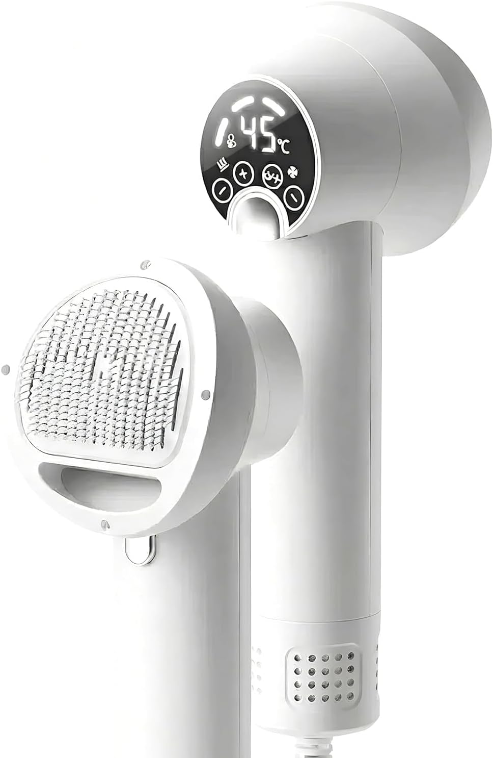 APEXORIGIN 2-in-1 Pet Hair Dryer and Grooming Brush, Adjustable 4-Speed Blow Dryer for Dogs and Cats with Precise 35°C-65°C Temperature Control, Low-Noise Professional Pet Grooming Tool (White)