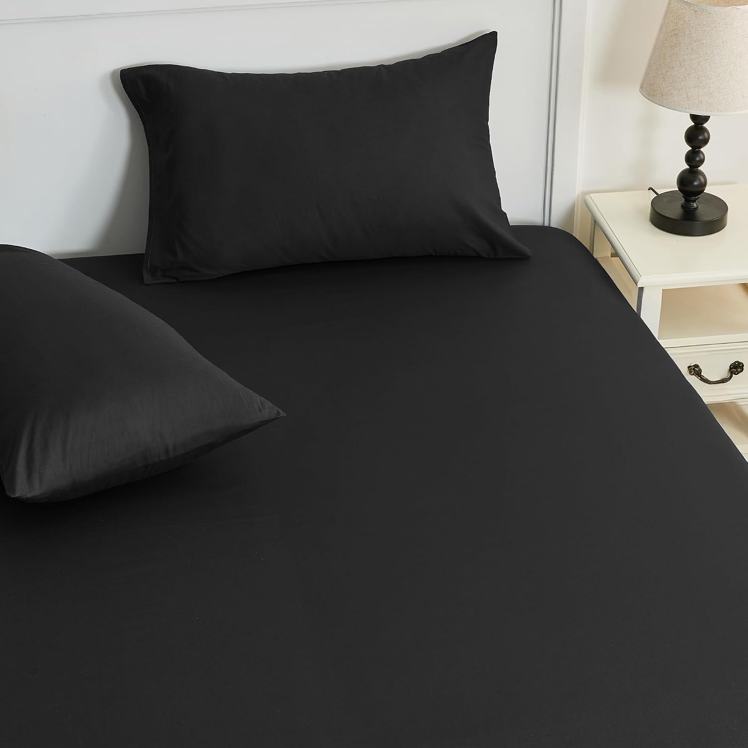 LINENOVA Premium 100% Cotton Fitted Sheet Set - 3 Piece for King Single Bed Set, 1 Fitted Sheet & 2 Pillowcases, Luxury Softness, Elasticized 40cm Deep Pocket - Black