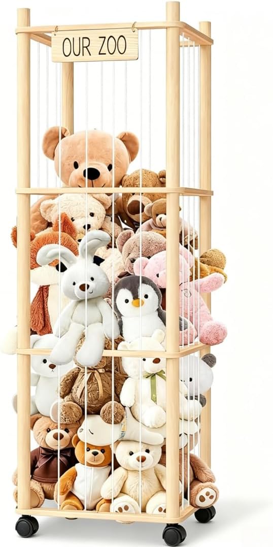 Stuffed Animal Display Shelf Organizer with Wheels, Wooden Zoo Cage Design for Large Plush Toy Storage, Kids Room & Bedroom Decor, Stuffed Animal Organizer Cage for Kids