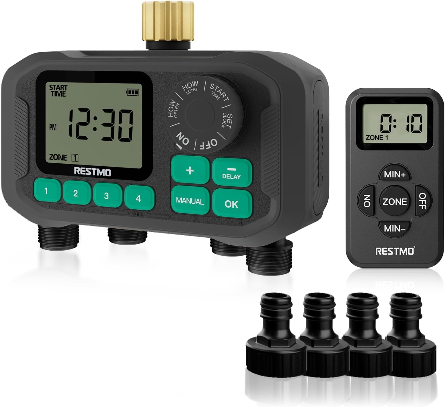 RESTMO 4 Zone RF Remote Water Timer for Outdoor Faucet,Tap Timer | Programmable up to 11h59m, Brass Inlet, Large Dial, Rain Delay, Manual & Automatic Watering