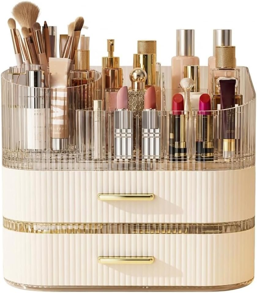 3-Tier Makeup Organizer with Drawers, Cosmetic Storage Box with Rotating Brush Holder, Skincare Organiser for Vanity & Bathroom (White)