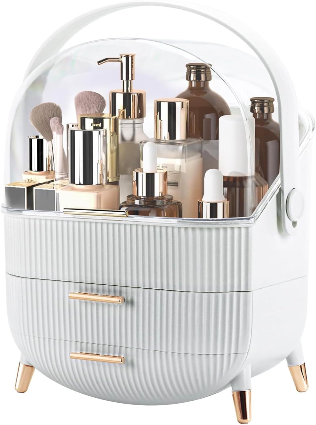 Makeup Organizer for Vanity – Cosmetics & Skincare Storage with Lid and Drawers, Waterproof Dustproof Display Case for Countertop, Bathroom, Dresser, White
