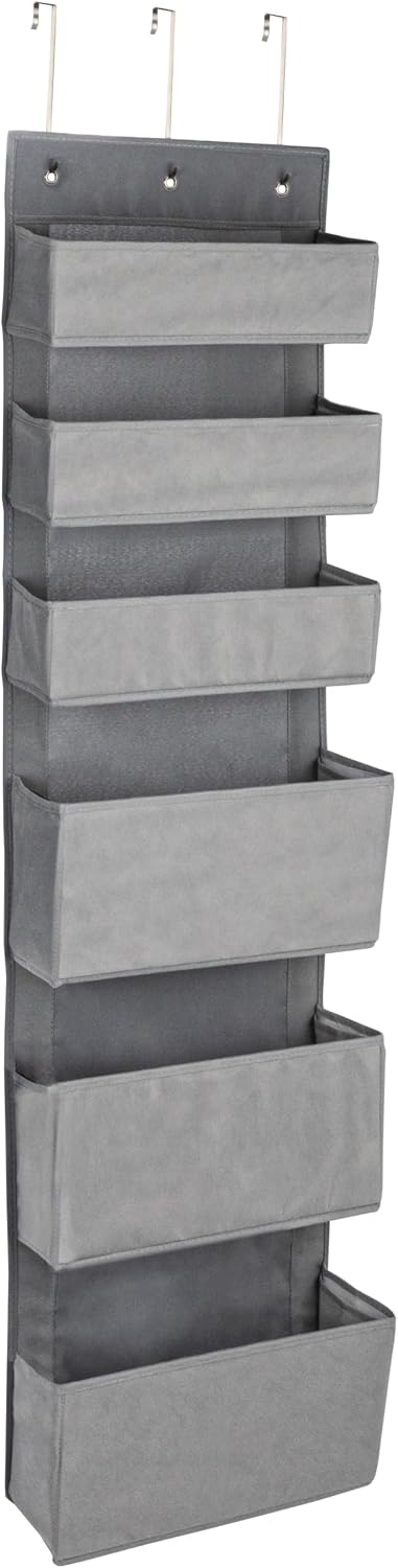 Household Essentials 6 Pocket Over the Door Pocket Organizer, PP Non-Woven Fabric Pockets, Reinforced Siding, Foldable, Versatile, Perfect for Residential and Commercial Doors, Grey