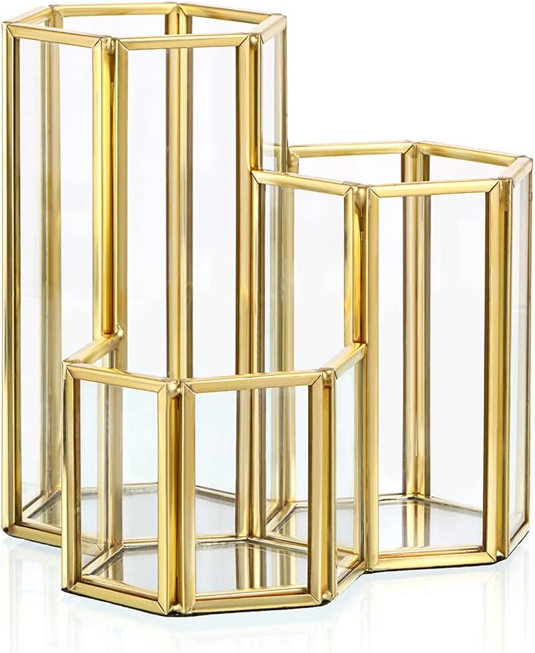 Hipiwe 3 Slots Glass Makeup Brush Holder - Gold Hexagon Cosmetics Brush Eyeliners Display Cup Home Decorative Makeup Organizer Desktop Pen/Pencil Pot Holder for Office