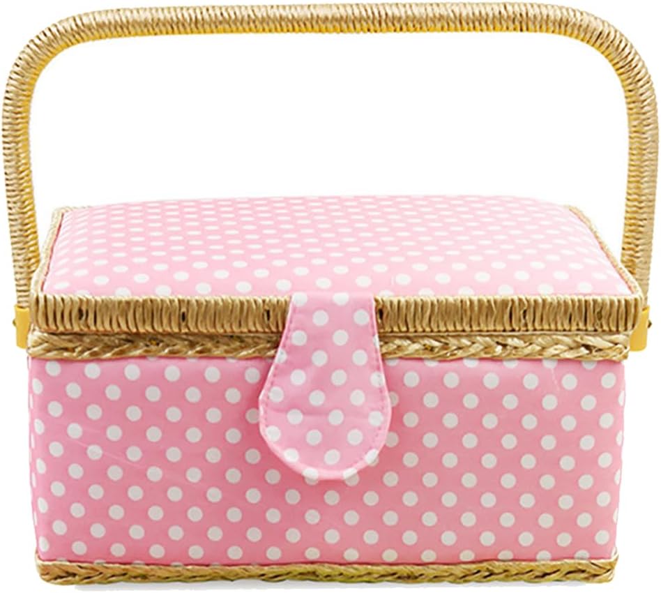 Medium Sewing Craft Hobby Storage Box, Wooden Sewing Box Organizer Box | for Sewing Supplies Storage, DIY Sewing Kit Tools for Sewing Mending, Pink Polka Dots