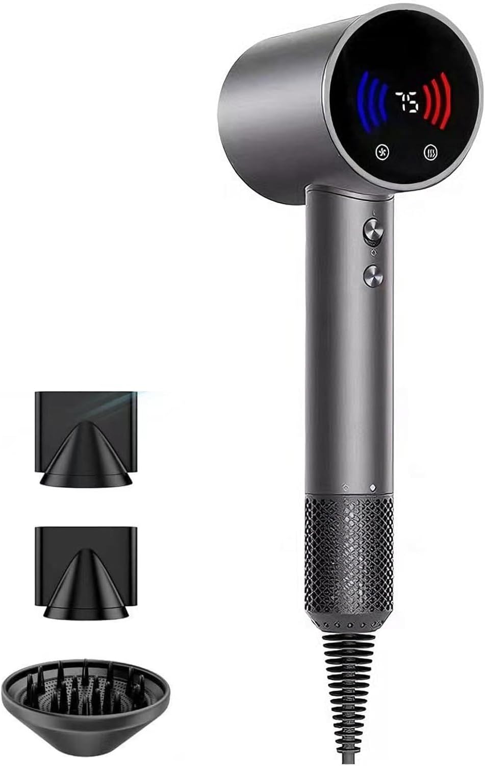 High Speed Hair Dryer,180000 RPM Fast Ionic Blow Dryer, 2400W Travel Hair Dryers with Diffuser, Temperature Display, Low Noise & Lightweight Blow Dryer, Fast-Drying, No Heat Damage(Grey)