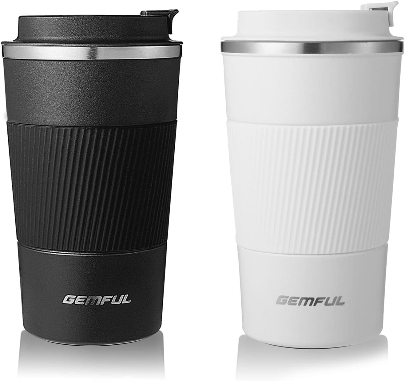 GEMFUL Travel Mug 2 Pack 510ml Heat Insulation Coffee Tumbler (Black+White) | Double-wall Vacuum, Stainless Steel, Leak-proof, BPA-free, Hot/Cold for Travel, Commute, Car Cup Holders, Office