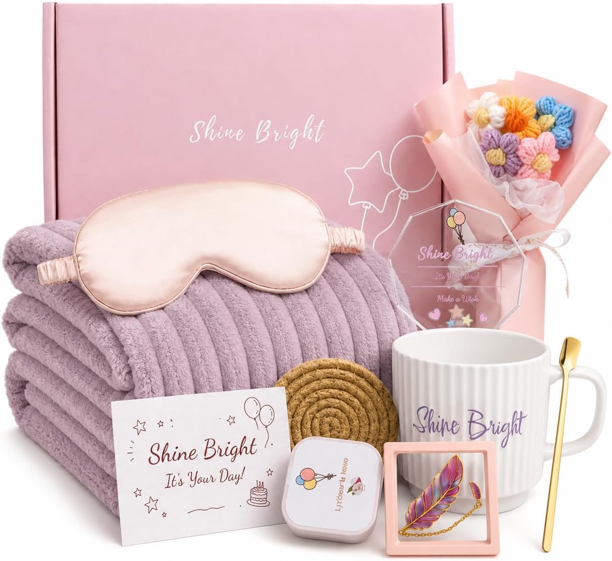 Birthday Gifts for Women, 10-Piece Set with 280 GSM Blanket | Birthday set with a 59 x 79 in blanket, lychee and rose soy candle, ceramic mug, keepsakes, and tabletop decor
