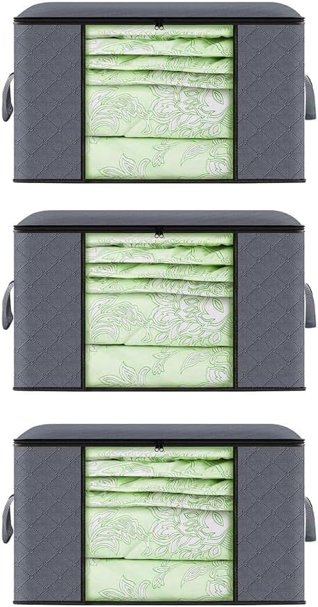 3 Pack Clothes Storage, Foldable Large Storage Bags, Storage Containers for Clothing, Blanket, Comforter, Toys, Pillows, Clothes Organizers and Storage with Lids and Handle, Grey (35L*3)