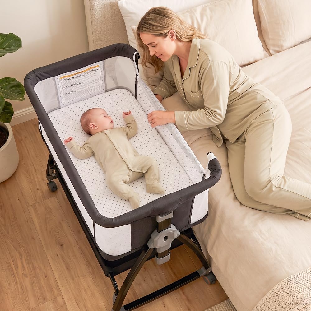 PlayPals Baby Bassinet, 3 in 1 Bassinet Bedside Sleeper w/Mattress, Black | 6 Height Adjustable, Storage Basket, Mosquito Net & Lockable Wheels for Newborns