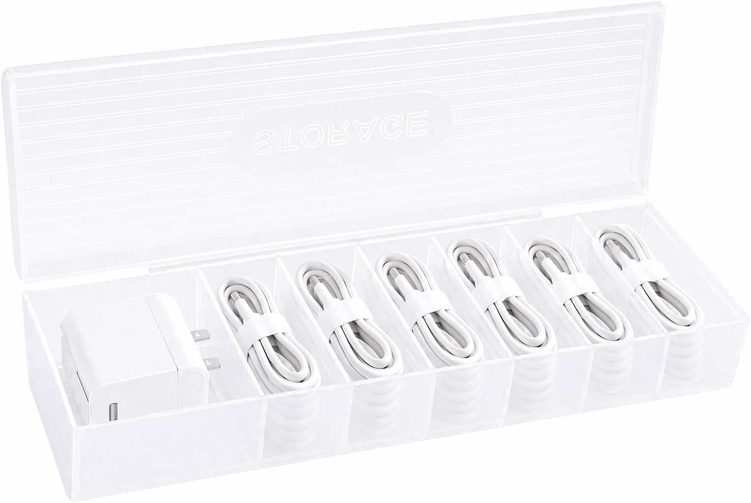 SAYEEC Cable Organizer Storage Box Plastic Electronic Cord Organizer Case with Lid Phone Charger Organizers with 7 Compartments Stackable Cable Management Box for Home Office Desk Accessories