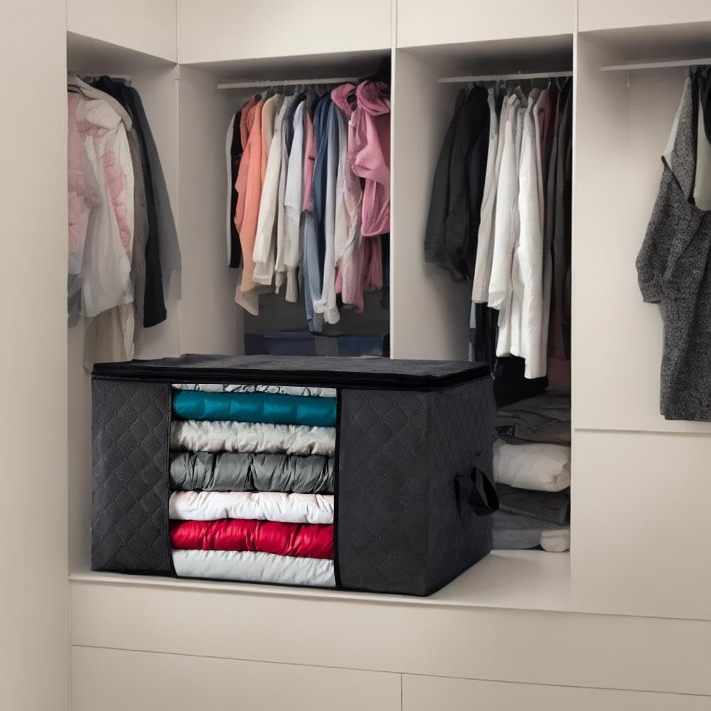 Linen Storage Organizer, Large 90L Foldable Storage Bags Bedding Storage Containers with Zipper Lids, Black Closet Collapsible Clothing Bins for Linen Blanket Fabric Pillow Dorm