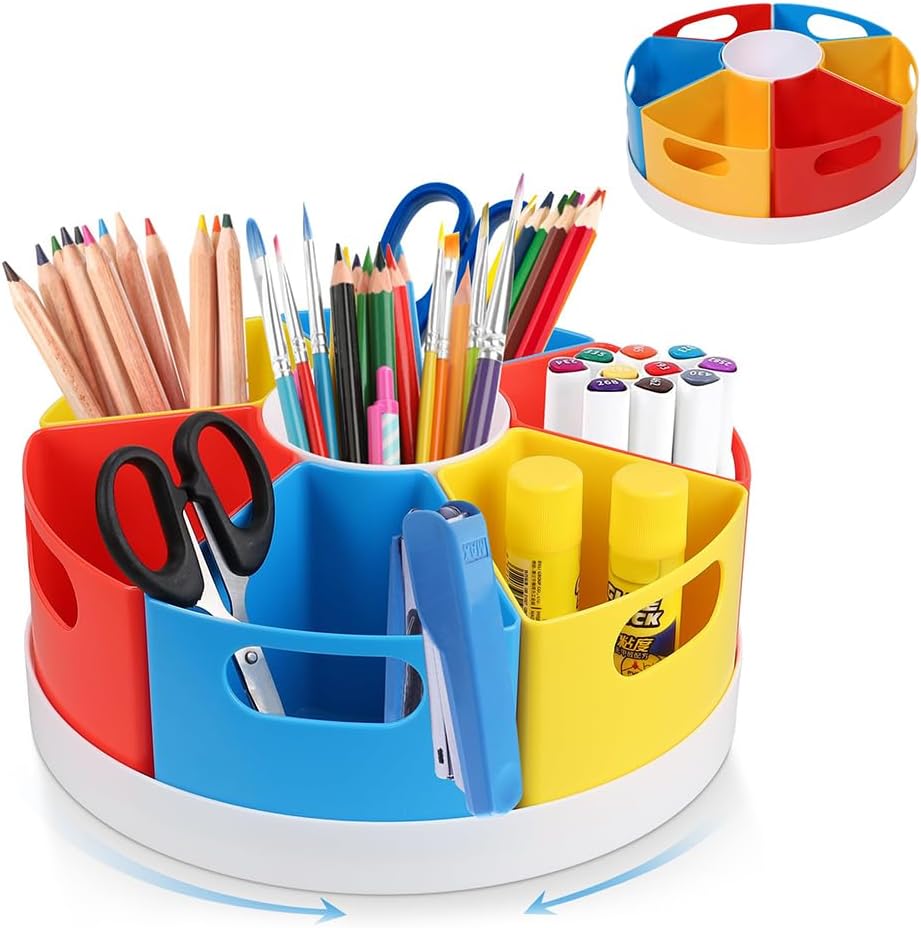 25 CM Rotating Pen Holder with 7 Compartments – 360° Spinning Desk Organizer with Removable Cups for Kids, Students, Office Supplies – Red Yellow Blue