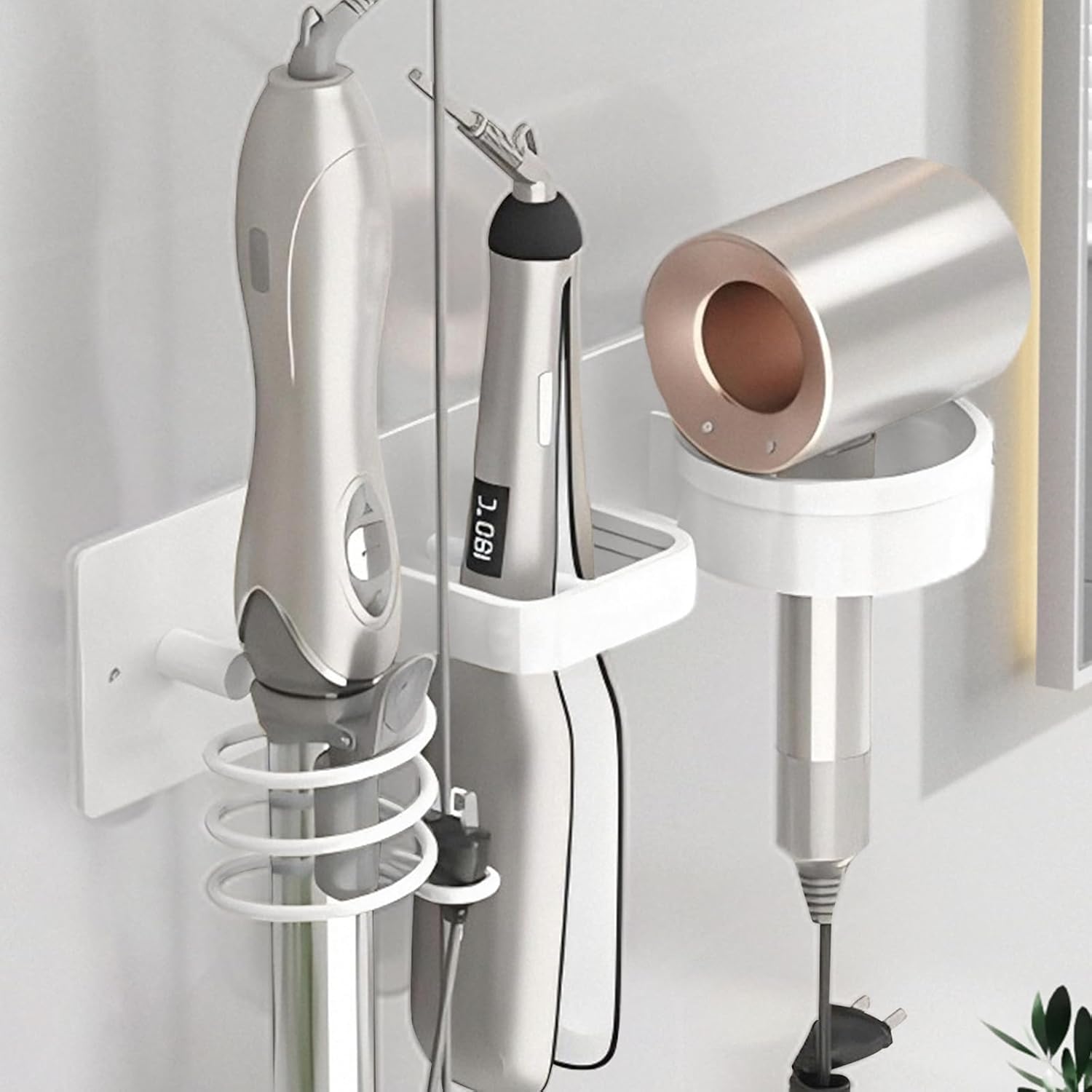 Matte White 3-in-1 Wall-Mounted Hair Tool Storage Rack, No Drill Metal Bathroom Holder for Hair Dryer, Curling Iron and Hair Straightener