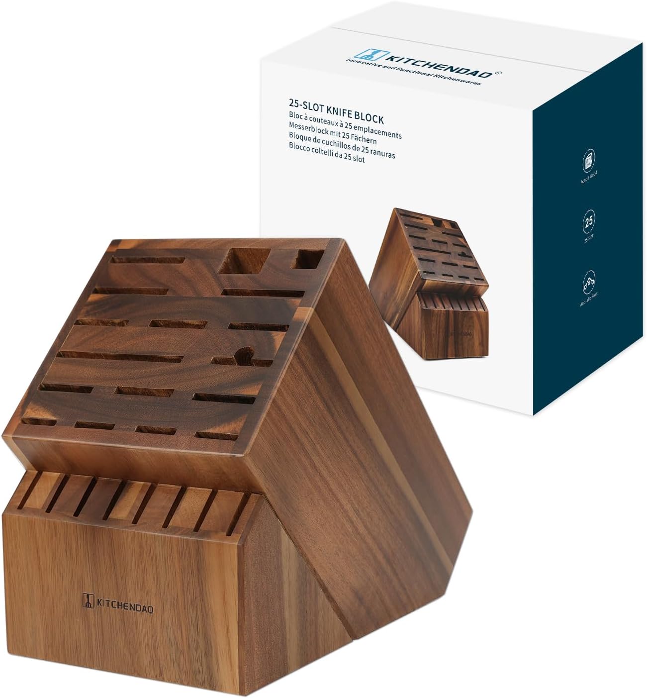 KITCHENDAO 25 Slot Acacia Wood Knife Block Without Knives | Large Universal Knife Holder for Kitchen, Holding Multiple Types of Knives, Countertop Butcher Block Knife Stand for Storage