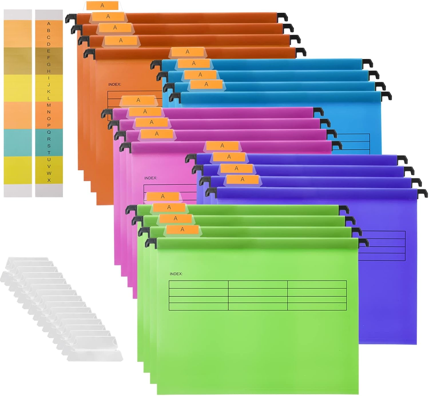 20Pcs PP A4 Suspension Files, Plastic Hanging File Folders with Tabs and Inserts for Office School Desktop File Storage, Mixed Color File Classification (5 Colors)