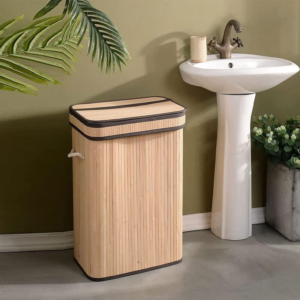 Laundry Basket with Lid, 72L Bamboo Laundry Hamper with Removable Liner, Collapsible Storage Dirty Clothes Basket with Handles for Laundry Bedroom (Carbonized)