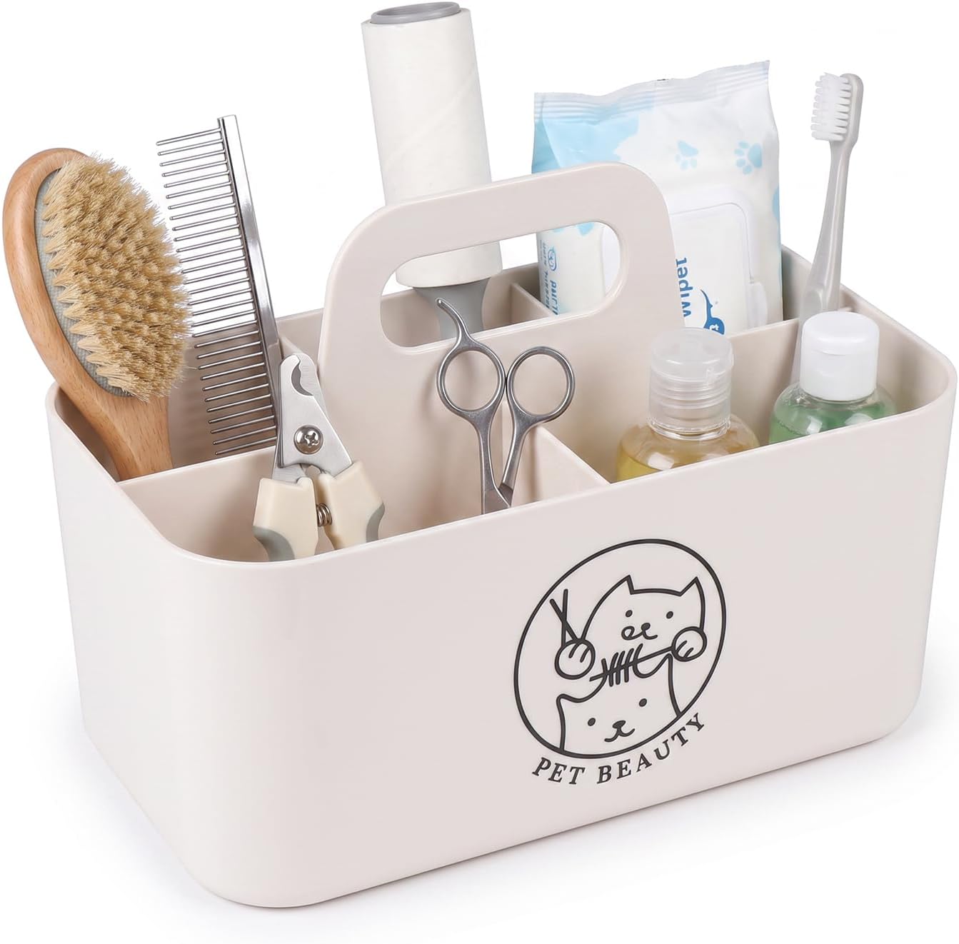 Dog Grooming Bag, 5-Slot Pet Grooming Organizer with Handle | Cream Plastic, Home Grooming, 5-Compartment Organizer, Portable Dog Grooming Tools Storage, Cute Logo Dog Bag for Supplies